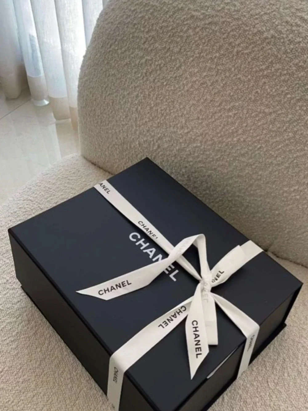 CHANEL Giant Black Gift Box with White Branded Ribbon and Camelia flower